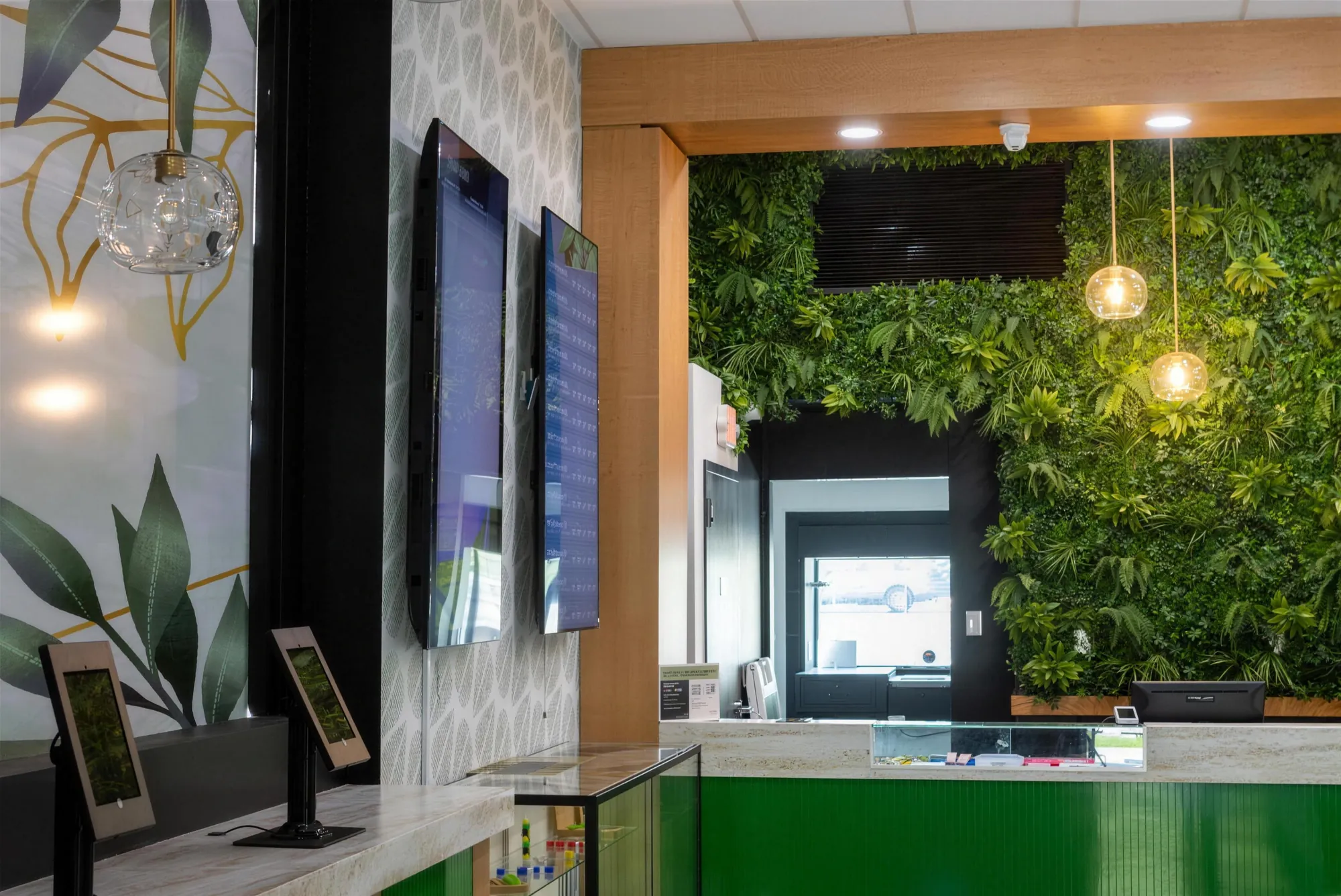 The green lacquer counter, glass cases and living wall inside One Green Leaf, Gibbsboro NJ