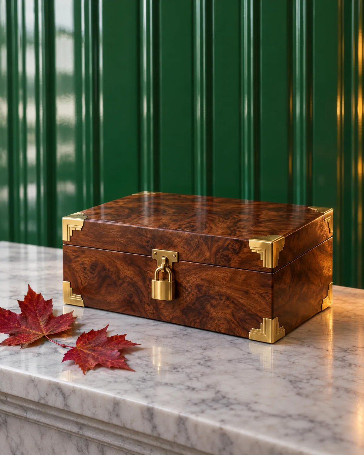 A walnut keepsake box closed with a small brass padlock, two maple leaves beside it
