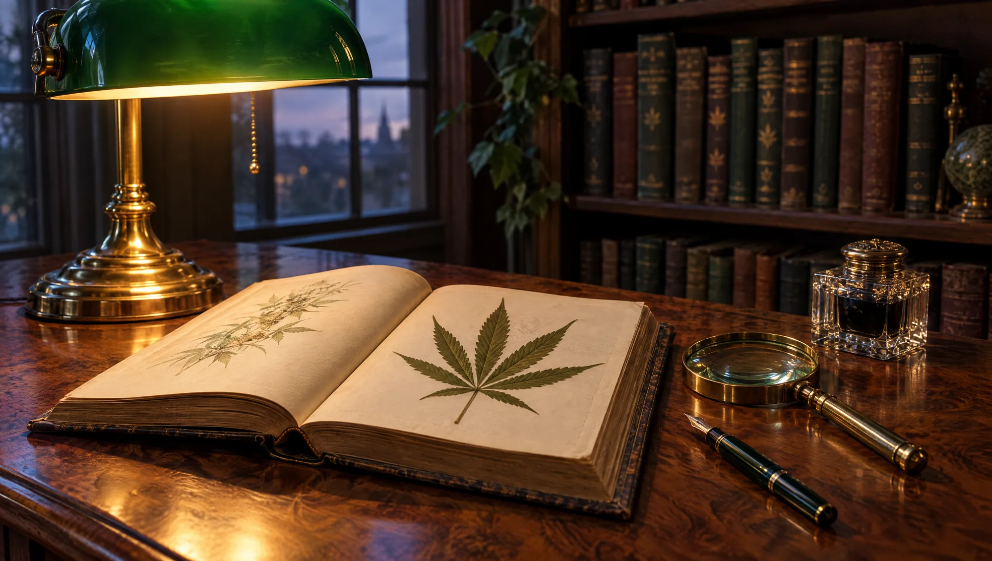 An open botanical book with a pressed cannabis leaf under a green banker's lamp