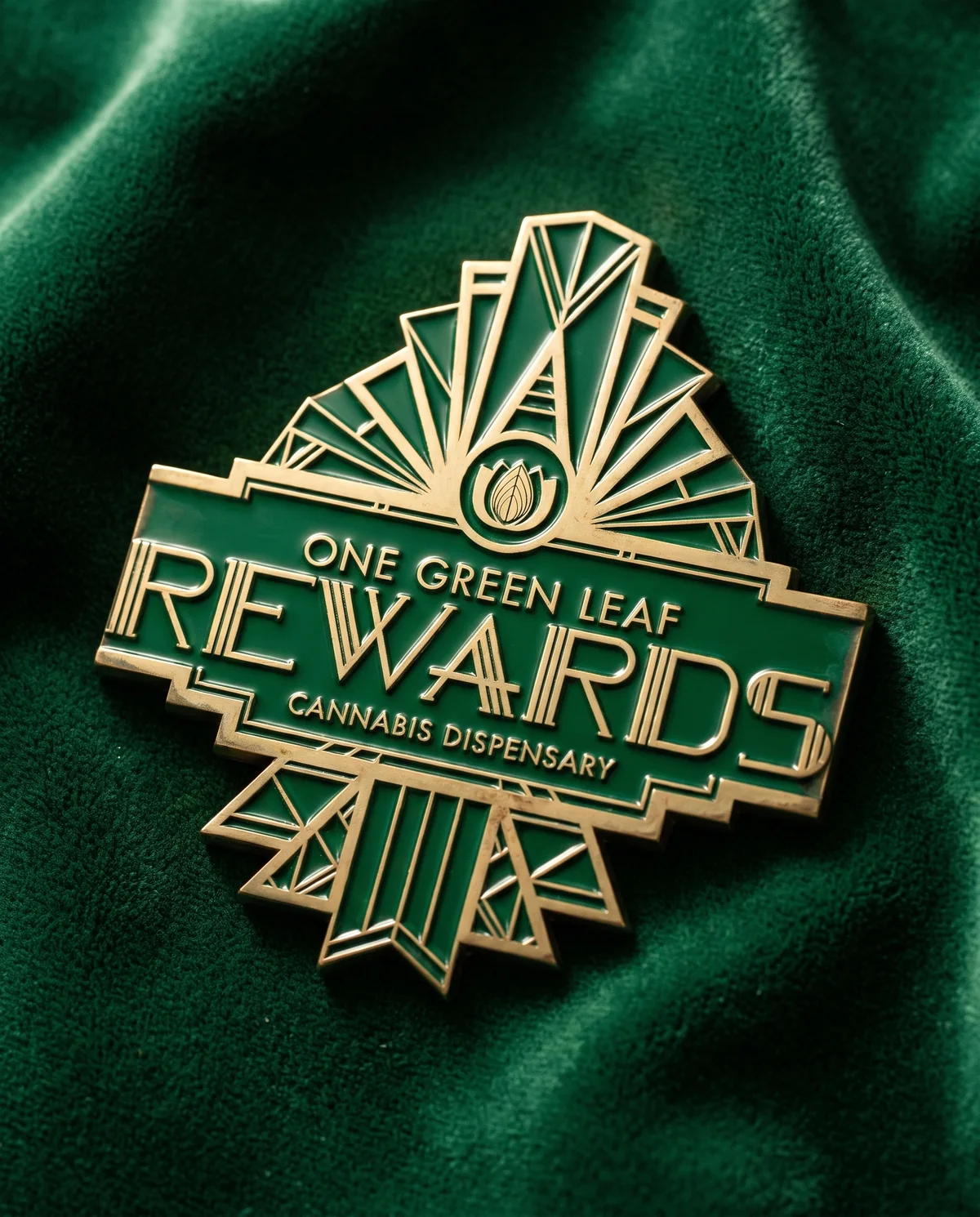 The High Society Rewards badge, struck as a gilded brass plaque on green velvet