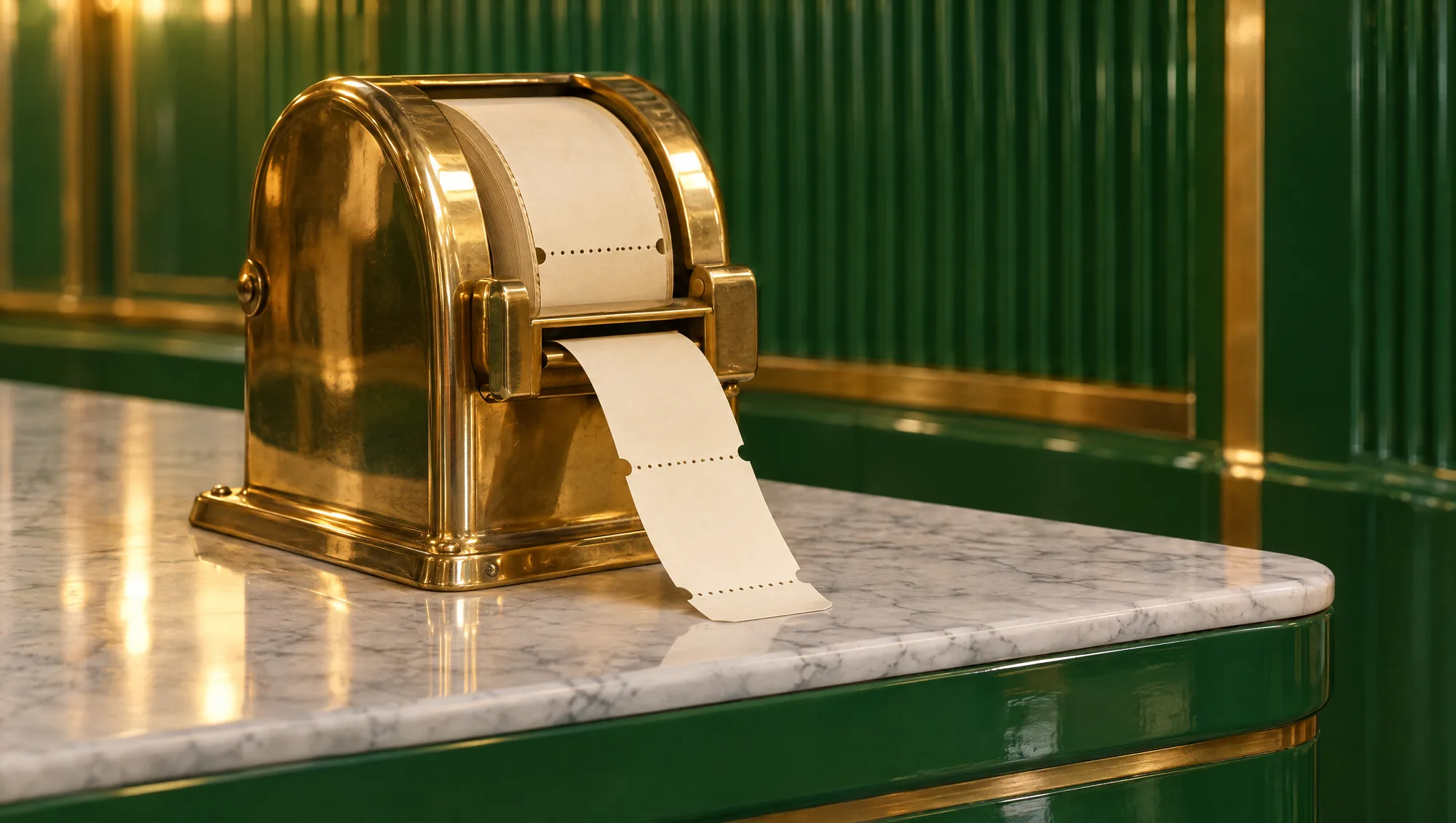 A brass ticket dispenser with a roll of blank tickets on a green lacquer counter